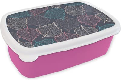 Broodtrommel Roze - Lunchbox - Brooddoos - Herfst - Patronen - Bladeren - 18x12x6 cm - Kinderen - Meisje