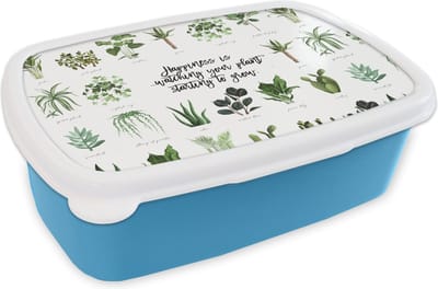 Broodtrommel Blauw - Lunchbox - Brooddoos - Quotes - Spreuken - Happiness is... watching your plant starting to grow - 18x12x6 cm - Kinderen - Jongen
