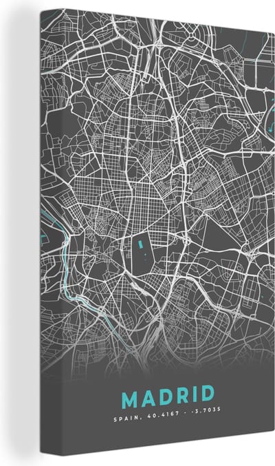 Canvas Schilderij Madrid - Blauw - Kaart - Plattegrond - Stadskaart - 20x30 cm - Wanddecoratie