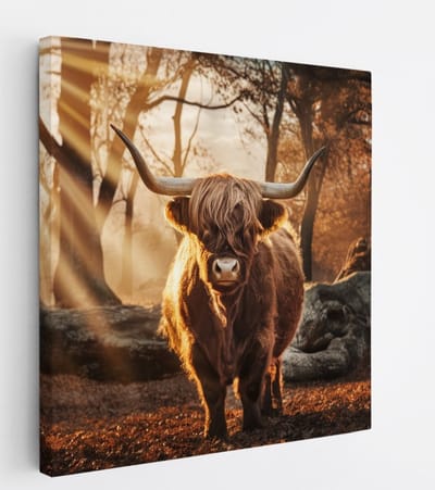 Saammp Canvas Schilderij - Schotse Hooglander Koe in een bos met zonsondergang - Dieren - Natuur - 20x20 - Foto op canvas - Wanddecoratie - muurdecoratie Woonkamer - Slaapkamer decoratie - Canvas Print