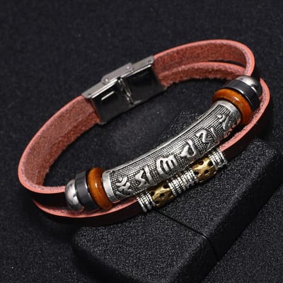 Vintage Verzilverde Boeddhisme Zes Woorden Mantra Armband Mannen Meerlaags Leer Boeddha Spirituele Armbanden Voor Vrouwen NM-03 brown
