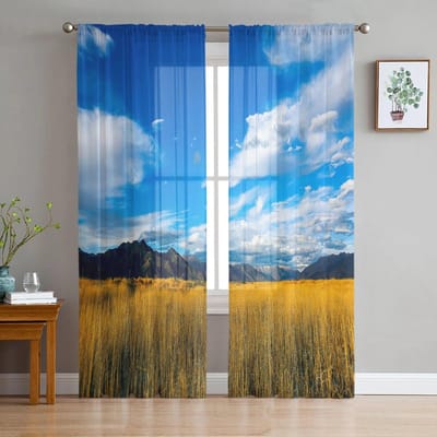 Herfst Tarweveld Blauwe Lucht Tule Gordijnen voor Woonkamer Draperieën Raam Transparant Modern Gordijnen voor Slaapkamer Decor 135W x 114H(cm) blue