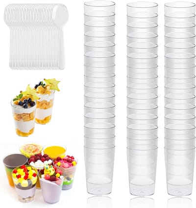 Dessertbekers en lepels - Complete set - 50 bekers + 50 lepels - Dessertkommen voorgerechten of toetjes - Transparante bekers van 50 ml - Verjaardagen, bruiloften, picknicks - Herbruikbaar