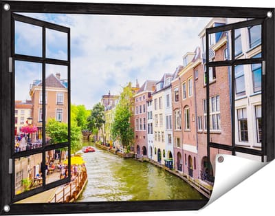 Gards Tuinposter Doorkijk Huizen aan de Oudegracht in Utrecht - 90x60 cm - Tuindoek - Tuindecoratie - Wanddecoratie buiten - Tuinschilderij
