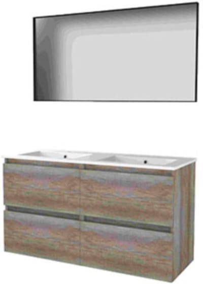 Basic-Line Framed 46 Badkamermeubelset - 120 x 46 cm - Greeploos - 4 Lades - Keramische Wastafel - 2 Kraangaten - Spiegel met Zwart Aluminium Frame - Scotch Oak