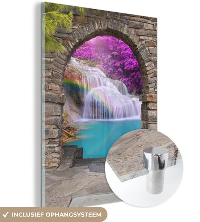MuchoWow® Glasschilderij 30x40 cm - Schilderij acrylglas - Bloemen - Regenboog - Waterval - Doorkijk - Foto op glas - Schilderijen