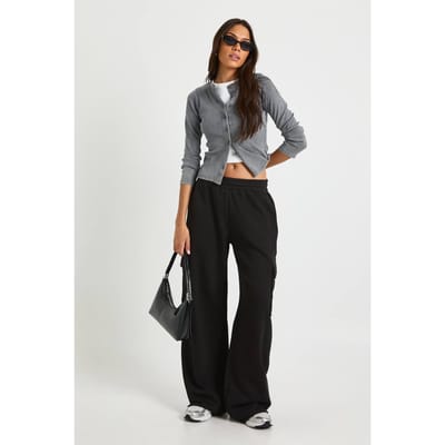 boohoo Dames Lange cargo joggers met wijde pijpen | Zwart | Maat: Small