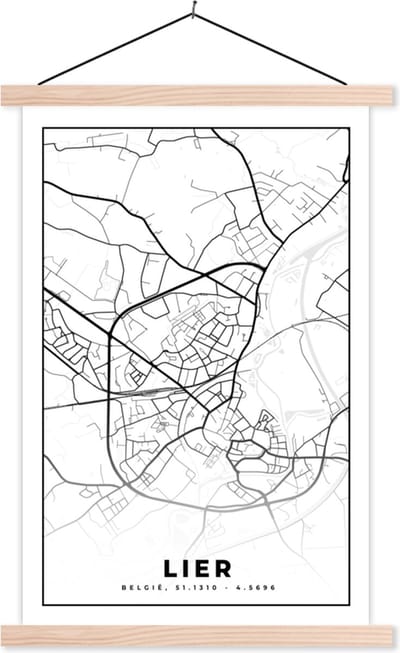 Posterhanger incl. Poster 40x60 cm - Schoolplaat - België – Lier – Stadskaart – Kaart – Zwart Wit – Plattegrond - Textielposter - Blanke latten - Stadskaart
