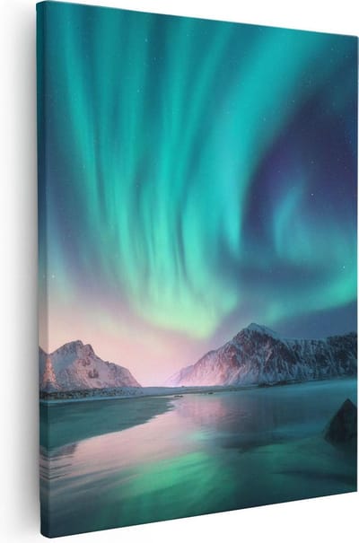 Artaza Canvas Schilderij Noorderlicht - 40x50 cm - Muurdecoratie Zeezicht - Wanddecoratie Bergen - Kamer Accessoires