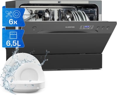 Klarstein Vaatwasser mini- voor 6 couverts, stille kleine vaatwasser met 6 wasprogramma's, kleine tafelmodel vaatwasser voor thuis, kantoor, camping, mini-vaatwasser met wateraansluiting - Tafelvaatwasser - 6 Maatgedekken 49 dB 45 cm 1380W