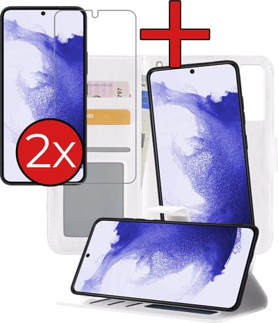 Hoesje - 2 in 1 - Geschikt voor Samsung Galaxy S22 - Met 2x Screenprotector - En Uitneembare Hard Cover - Kunstleer - Bookcase - Wallet Case - Met Pasjeshouder - Book Case - Uitneembaar - Pashouder - Kunstleer - Telefoonhoes - Wit