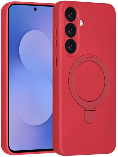 Backcover Hoesje Geschikt voor: Samsung Galaxy S25 FE Volledig Dekkende Schokbestendige Siliconen Backcover met Ringstandaard – 360° Bescherming - Cherry Red