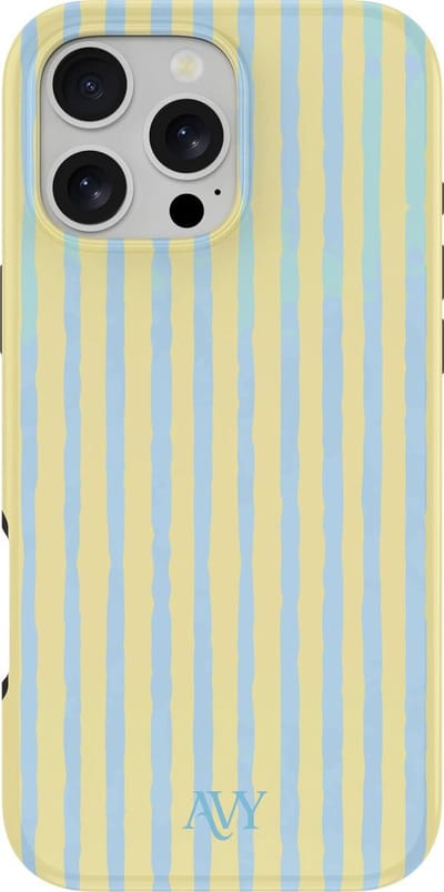 AVY Hoesje geschikt voor Apple iPhone 16 Pro | Lemon Sky | Strepen | Blauw & Geel | Hard Shell Back Cover | Compatibel met MagSafe & Qi2