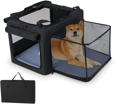 COSTWAY Hondenbox, opvouwbaar, transportbox voor hond met 2 openingen, raam, gaasmand, handgrepen en tas, hondentas, draagbaar, voor middelgrote en grote huisdieren, metalen frame, zwart (88 x 72 x 48