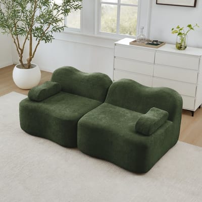 MODENUIT Bank 2-Zits - Modulair Met Golvend Design En Verbindbare Hocker - Voor Woonkamer En Studio - Fluweel Groen