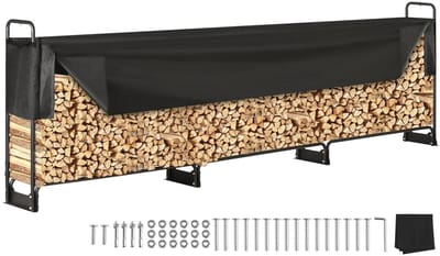 Innovastore Houtrek - Buitenbrandhoutrek - Brandhouthouder - Houtrek - Stapelrek hout - Rek - Oxford afdekzeil - Staal - Zwart