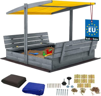 Houten Zandbak - Speelbak Buiten - Kinderen Spelen - Met Zonnen dak - 140x140 cm - Grijs