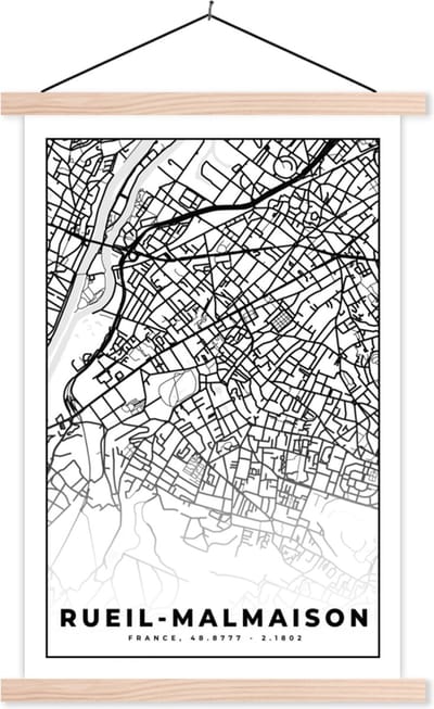 Posterhanger incl. Poster 40x60 cm - Schoolplaat - Frankrijk - Kaart - Plattegrond - Stadskaart - Rueil-Malmaison - Zwart wit - Textielposter - Blanke latten - Stadskaart
