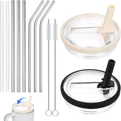 Lekkende Vrije Deksel voor 100 ml Glazen, Set van 2 Inclusief RVS Rietjes, Slangen en Schoonmaakborstels, Herbruikbaar en Universeel