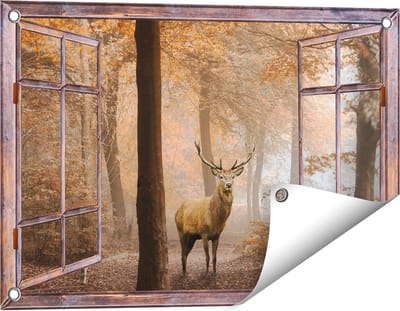 Gards Tuinposter Doorkijk Hert in het Bos - Herfst - 60x40 cm - Tuindoek - Tuindecoratie - Wanddecoratie buiten - Tuinschilderij