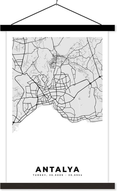 Posterhanger incl. Poster 40x60 cm - Schoolplaat - Antalya - Stadskaart - Plattegrond - Zwart Wit - Kaart - Textielposter - Zwarte latten - Stadskaart