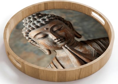 Dienblad rond 40x40 cm - Schootdienblad hout - Boedha - Beeld - Bruin - Rust - Borrelplank rechthoek - Plateau houten dienbladen