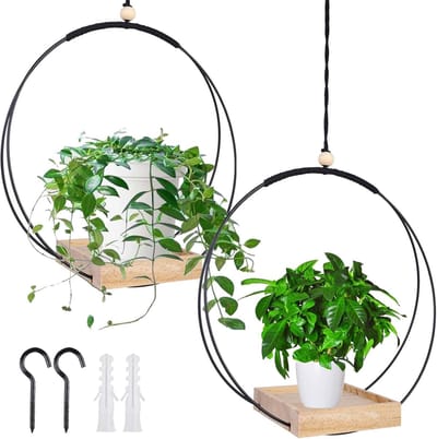 SnelShoppen - Macrame Plant Hangers met Houten Basis, 93 cm, Zwarte Hangende Plantenpotten, 2 Stuks, Inclusief Metalen Ring en Ophanglus voor Binnen e