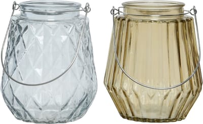 Set van 2x stuks theelichthouders/waxinelichthouders ruit/streep glas ijsblauw en taupe met metalen handvat 11 x 13 cm