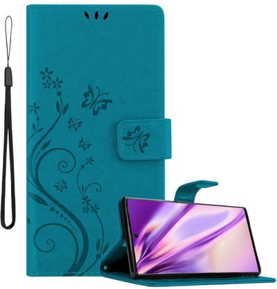 Cadorabo Hoesje geschikt voor Samsung Galaxy NOTE 10 in BLOEMEN BLAUW - Beschermhoes in bloemmotief met magnetische sluiting, standfunctie en kaartsleuven Book Case Cover Etui