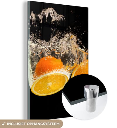 MuchoWow® Glasschilderij 120x180 cm - Schilderij acrylglas - Sinaasappel - Stilleven - Water - Zwart - Fruit - Foto op glas - Schilderijen