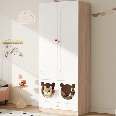 Pugsdrly Kinderkast met kledingroede, met kattenbed, gelakte panelen + spaanplaat, gekleurde keramische handgrepen, wit + natuurlijke houtkleur, 80 × 50 × 200 cm, geschikt voor een slaapkamer