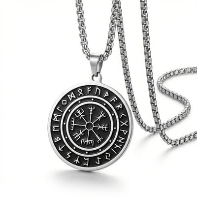 Zilverkleurige ketting met ronde runen hanger voor heren – Viking stijl – symboolvorm – schakelketting
