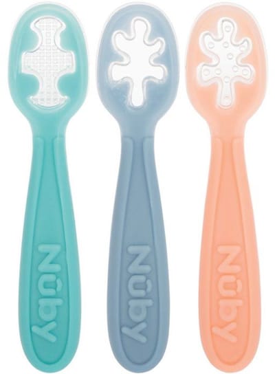 Set van 3 Baby First Spoons - NUBY - Siliconen - Vanaf 6 maanden - Roze / Blauw / Groen