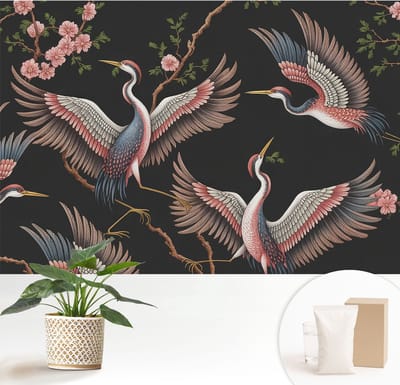 Wallfluent Behang - Bloemenpatroon Vliesbehang - 152x104 cm - Zwart Behang - Voor natuurliefhebbers en liefhebbers van minimalisme - Behang Voor de slaapkamer, woonkamer en badkamer - Wandbekleding Dieren