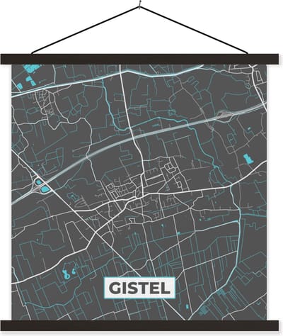 Posterhanger incl. Poster 60x60 cm - Schoolplaat - Stadskaart – Grijs - Kaart – Gistel – België – Plattegrond - Textielposter - Zwarte latten - Plattegrond