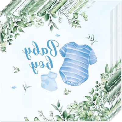 Elegante papieren servetten voor babyjongens in blauw met groen bladpatroon, 20 stuks voor feestelijke tafeldecoraties
