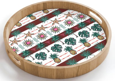 Dienblad rond 40x40 cm - Schootdienblad hout - Kust - Zee - Tropisch - Multi - Borrelplank rechthoek - Plateau houten dienbladen