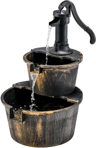 COSTWAY Houten fontein met waterpomp tuinfontein houten vat voor tuin terras gazon achtertuin 45,5 cm x 41 cm x 68 cm