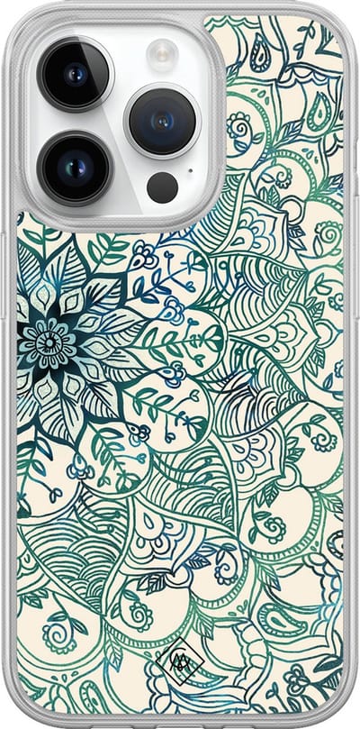 Casimoda® hoesje - Geschikt voor iPhone 14 Pro - Mandala Blauw - 2-in-1 case - Schokbestendig - Geometrisch patroon - Verhoogde randen - Blauw, Transparant