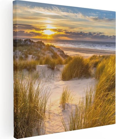 Artaza Canvas Schilderij Strand Zee - 90x90 cm - Wanddecoratie Duinen - Muurdecoratie Zonsondergang - Decoratie Kust