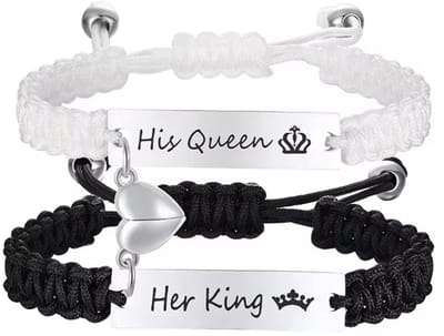 SilverAndCoco® - Koppel armbanden / matching armbandjes met hartjes / valentijn sieraden armband voor koppels / Liefde relatie cadeau set voor stelletje / Sinterklaas Schoen Kerst Cadeau - His Queen - Her King