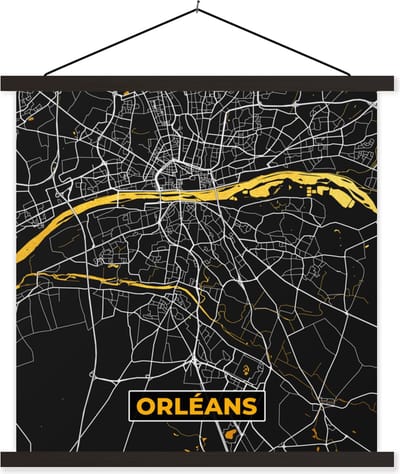 Posterhanger incl. Poster 60x60 cm - Schoolplaat - Kaart - Orléans - Stadskaart - Frankrijk - Plattegrond - Textielposter - Zwarte latten - Stadskaart