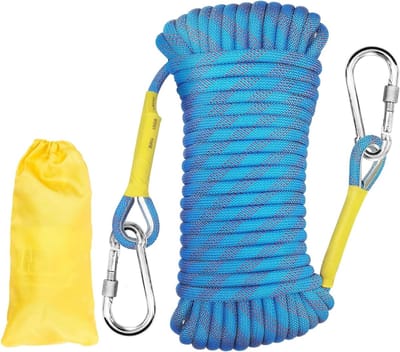Statisch Klimtouw 8mm voor Buitenactiviteiten - 2m Gevlochten Nylon Touw met 2 Stalen Haken voor Klimmen, Wandelen en Kamperen - UIAA Gecertificeerd Blauw