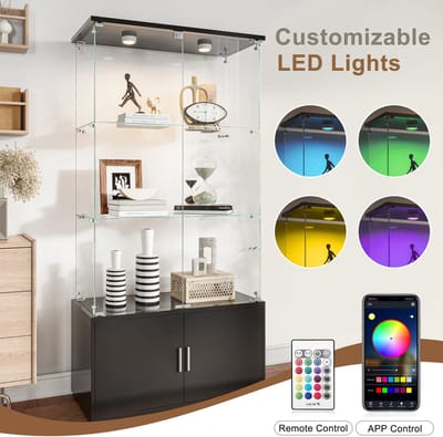 LED-vitrinekast met houten opbergruimte 164x78x35cm 3-laags moderne displaykast, woonkamerkast met 2 deuren, voor boeken, rode wijn en beeldjescollectie, Zwart Pat-lamp (splitsen voor 2 pakketten voor verzending)