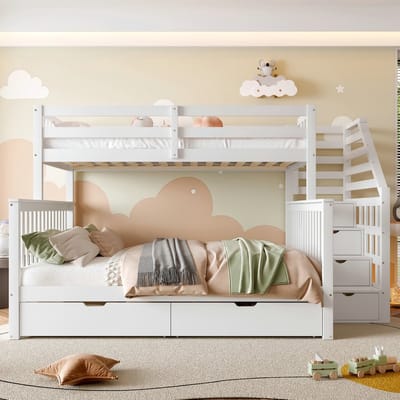 VVBV Multifunctioneel Stapelbed 90x200 op 140x200 met Lades en Opbergtrap, Massief Houten Kinderbed, Wit