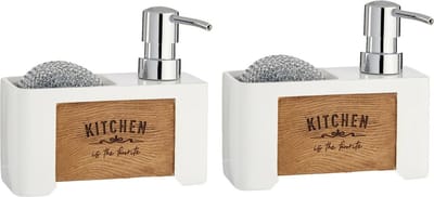 2x arte r zeeppompje/dispenser - met houder - kunststof-hout - wit - 15 x 6 x 13cm - navulbaar - toilet/badkamer/keuken