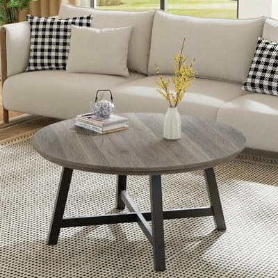 Salontafel Rond - 91x91x47cm - Grote - Metalen Poten - 4cm Tafelblad - Vintage Stijl - Voor Woonkamer - Grijs