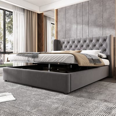 Gestoffeerd Chesterfield tweepersoonsbed met hydraulische opbergbox - Slaapkamer 140x200 cm - Grijs fluweel - Oorvormig hoofdeinde met knopstiksels en nieten - Inclusief lattenbodem - 300 kg draagvermogen