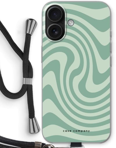 Case Company® - Hoesje met koord geschikt voor iPhone 16 hoesje met Koord - Swirl Groen - Telefoonhoesje met Zwart Koord - Bescherming aan alle Kanten en Over de Schermrand
