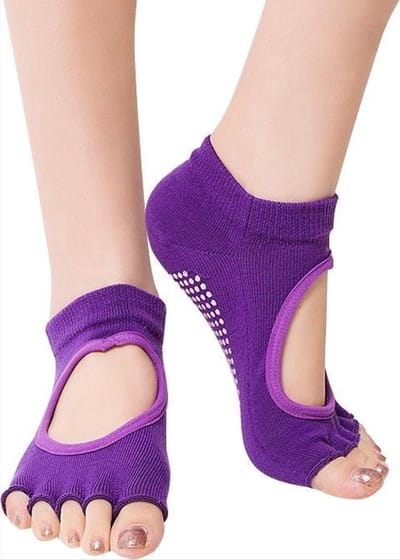 New Age Devi - Anti-slip Yoga Sokken - Maat: 34 - 39 (EUR) - Open Teen en Instap - Voor optimale grip en comfort - Geschikt voor elke sport - 1 Paar - Donker Paars